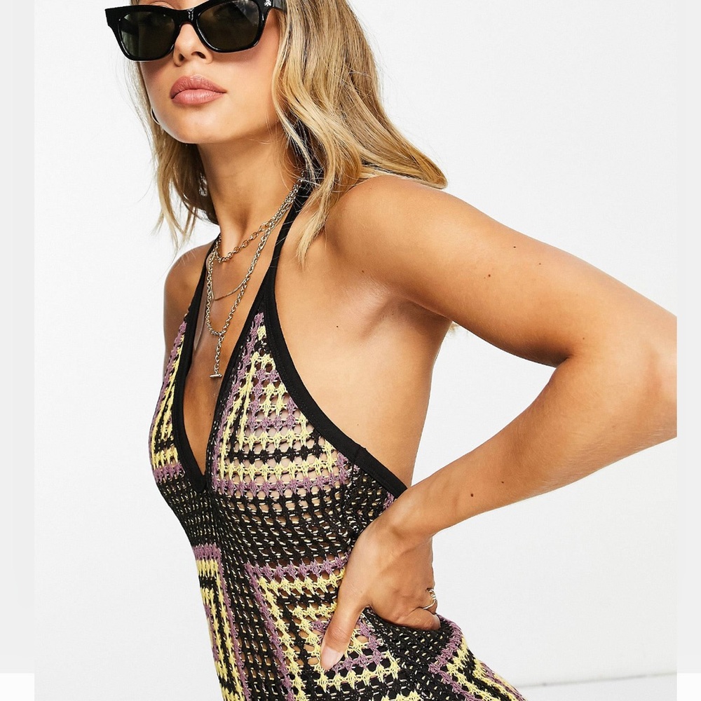 ASOS Halter Maxi Black Crotchet Dress in Square Print